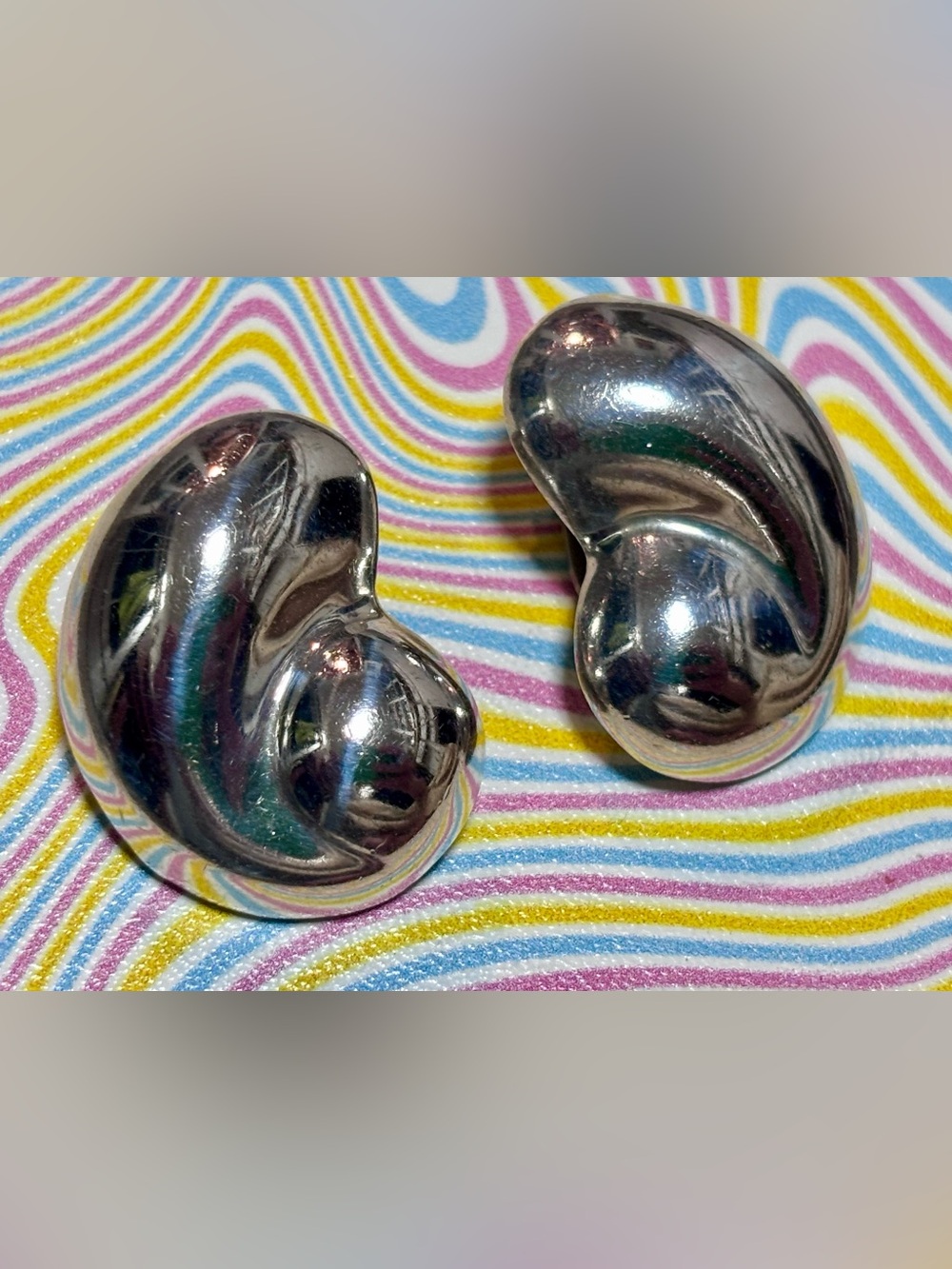 Vintage Taxco 925 Solid Sterling Silver Abstract Bean Clip-On Earrings - Picture 3 of 10